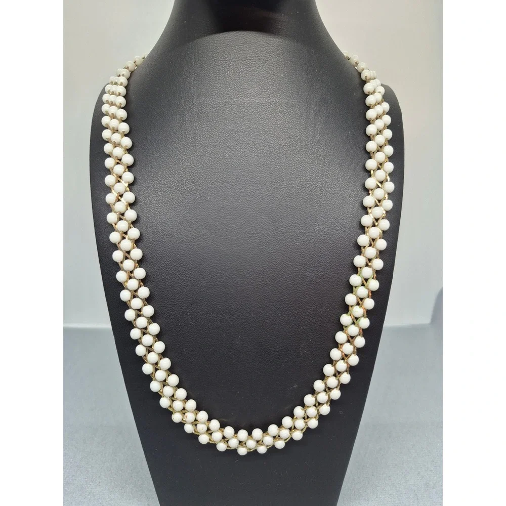 Vintage Woven Milk White Bead Necklace Woman Gold Tone Triple Strand Mesh Chain